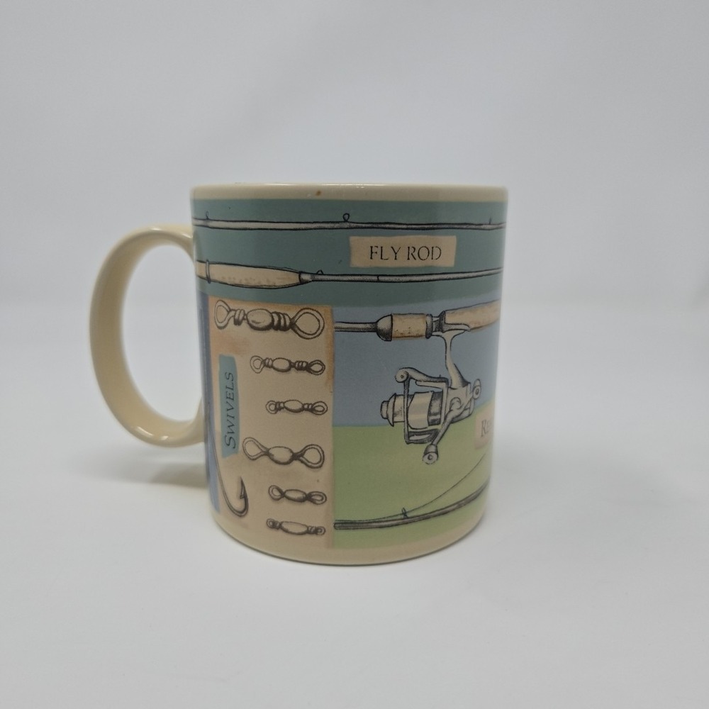 VINTAGE RUSS BERRIE  FISHING MUG‎  12510 TACKLE HOOKS SINKER LURES COFFEE CUP